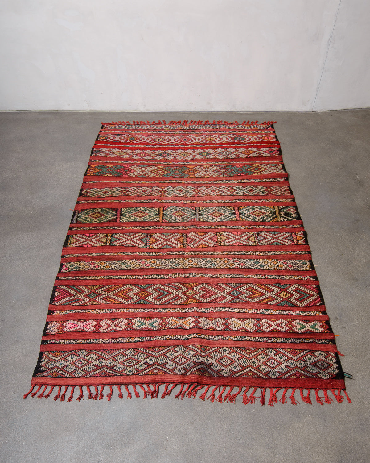 Modern, designer, handcrafted Berber rug from Morocco. Vintage Kelim carpet with beautiful designs and robust flat weave out of wool.